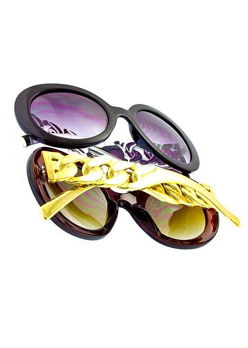 Hip-Hop Round Plastic Chain Temple Sunglasses