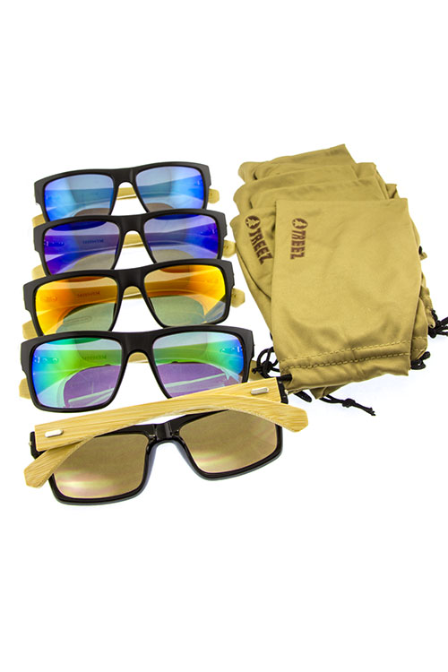Bamboo blended square plastic sunglasses with soft pouches